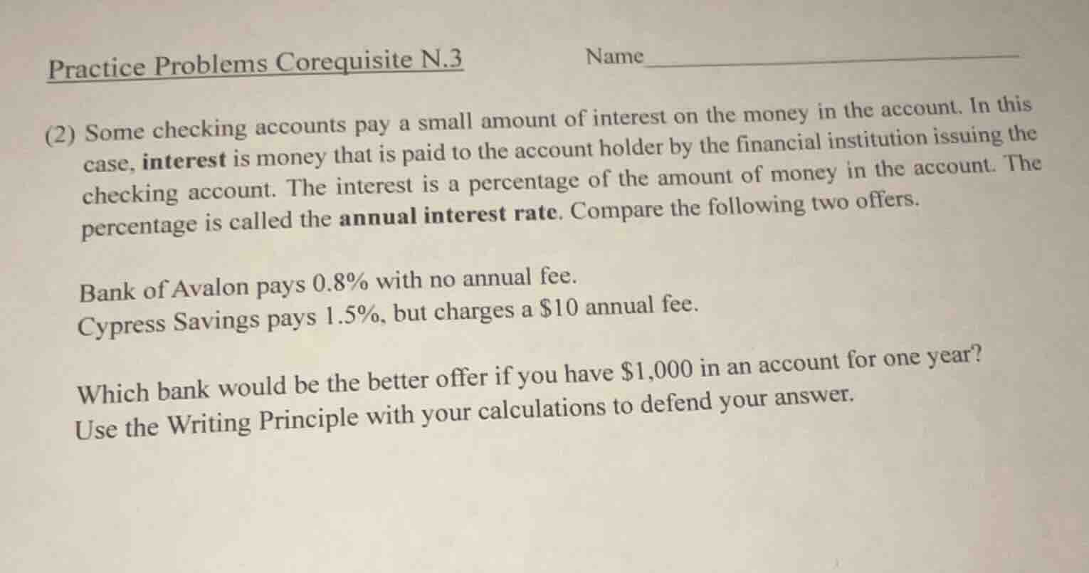 practice problems corequisite n.3 name (2) some checking accounts pay a…