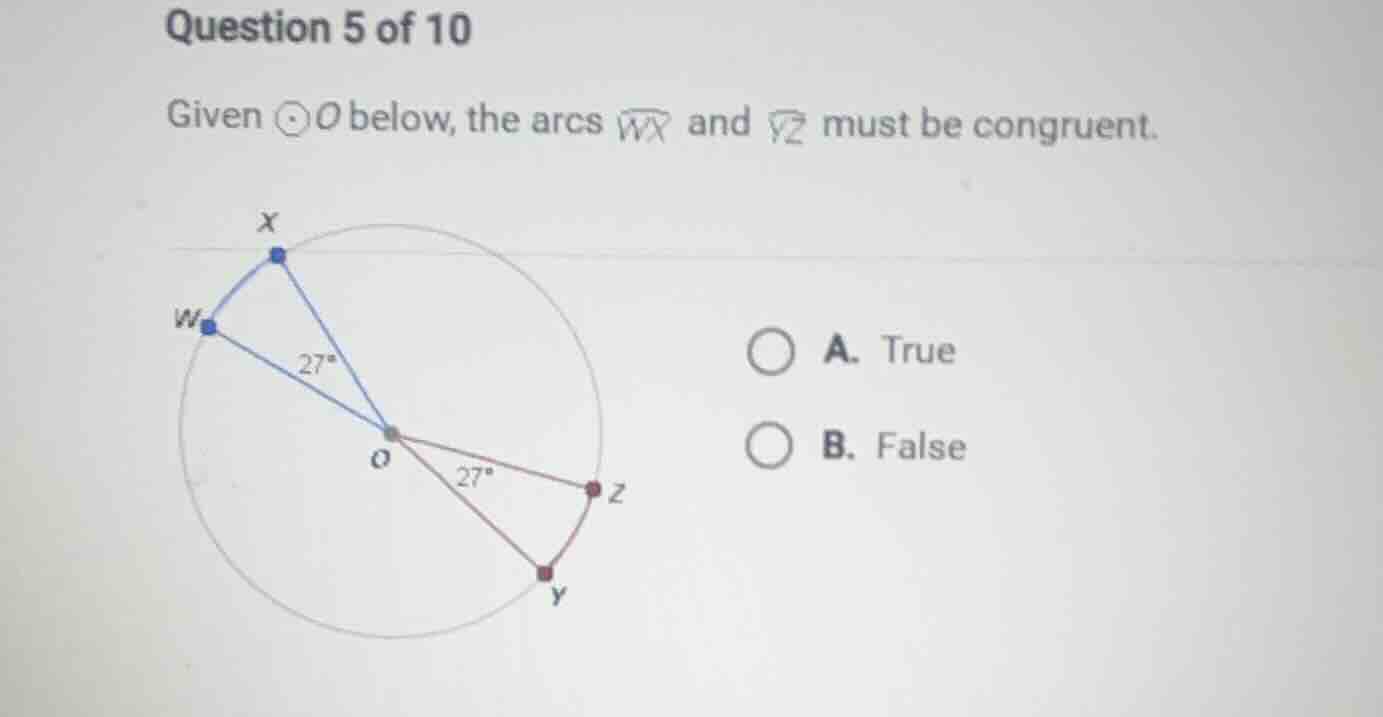 question 5 of 10 given \\( \\odot o \\) below, the arcs \\( \\overarc{w…