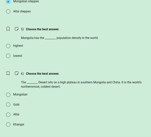 5) choose the best answer. mongolia has the ______ population density i…