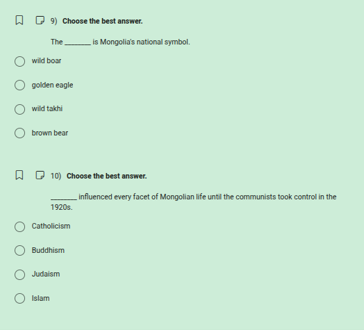 9) choose the best answer. the ______ is mongolias national symbol. - w…
