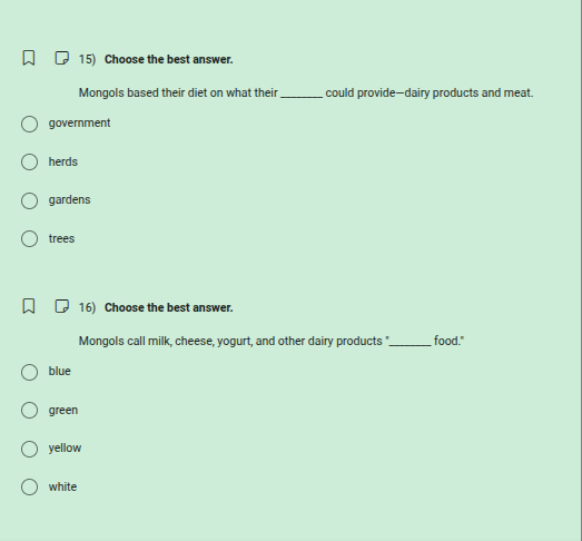15) choose the best answer. mongols based their diet on what their ____…