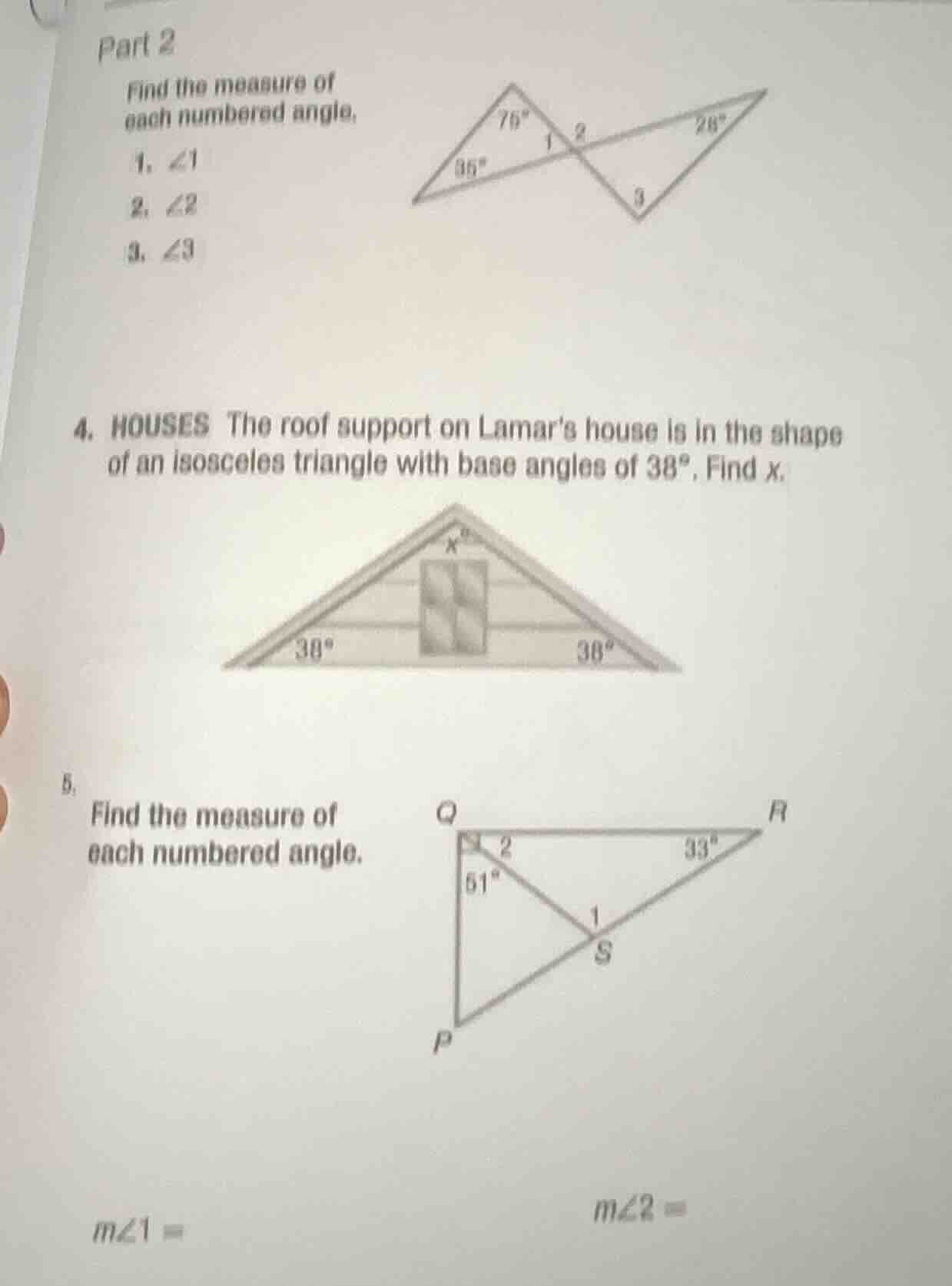 part 2 find the measure of each numbered angle. 1. $\\angle 1$ 2. $\\an…