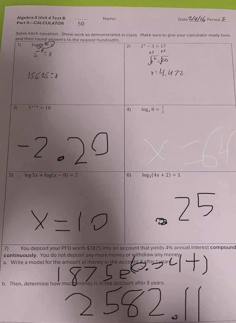 algebra ii unit 4 test b part ii—calculator \t50\tname: \tdate \tperiod…