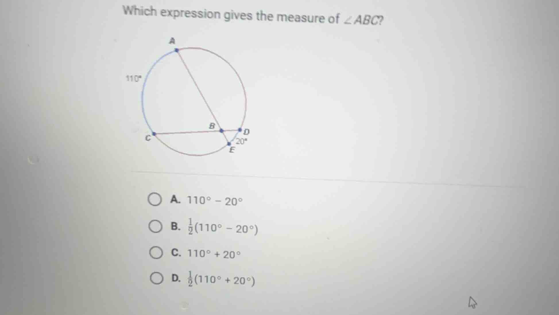 which expression gives the measure of $\\angle abc$? a. $110^\\circ - 2…