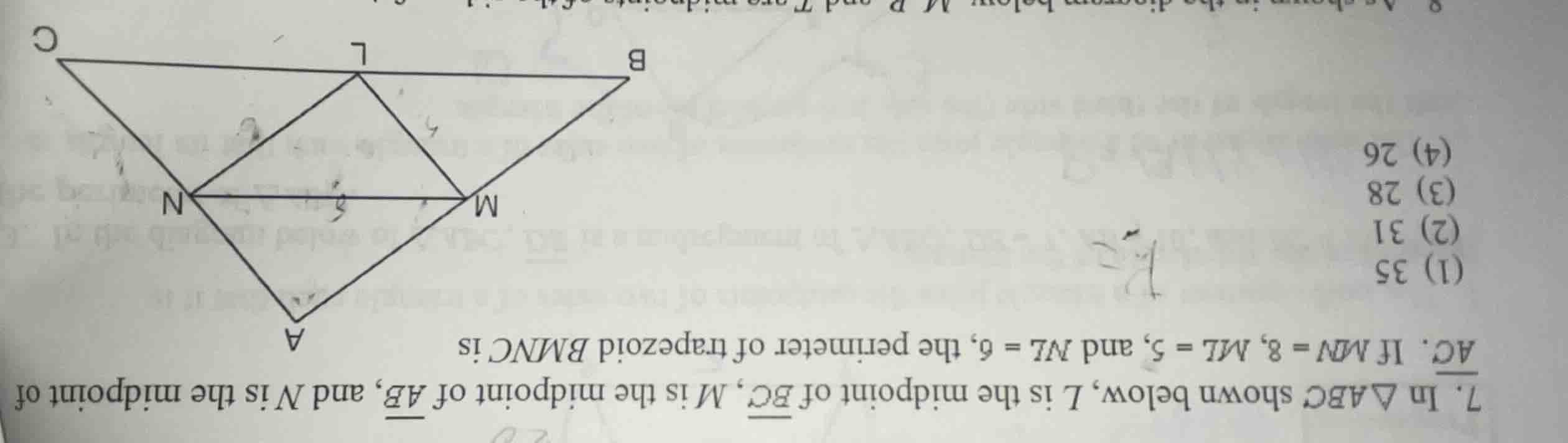 7. in △abc shown below, l is the midpoint of (overline{bc}), m is the m…