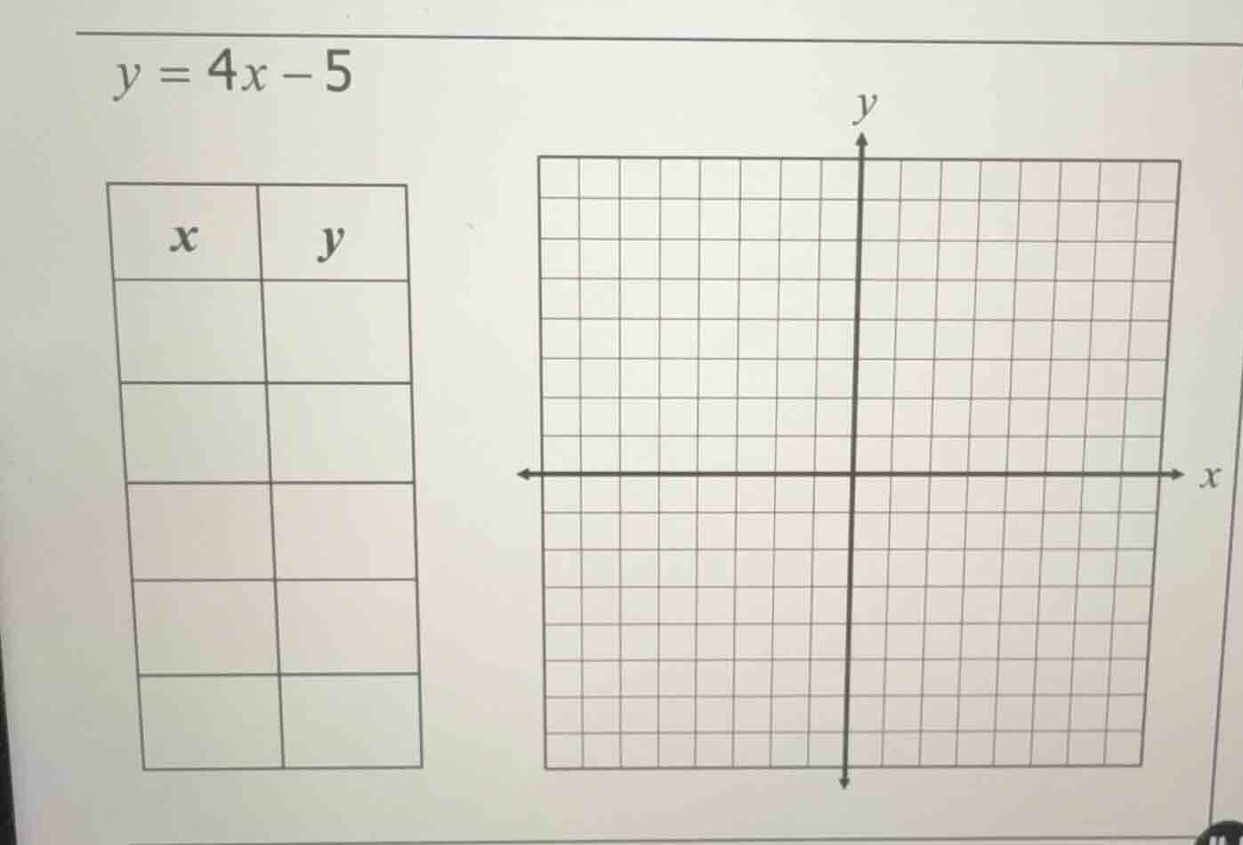 y = 4x - 5\ \ | x | y |\ | --- | --- |\ | | |\ | | |\ | | |\ | | |\ | |…
