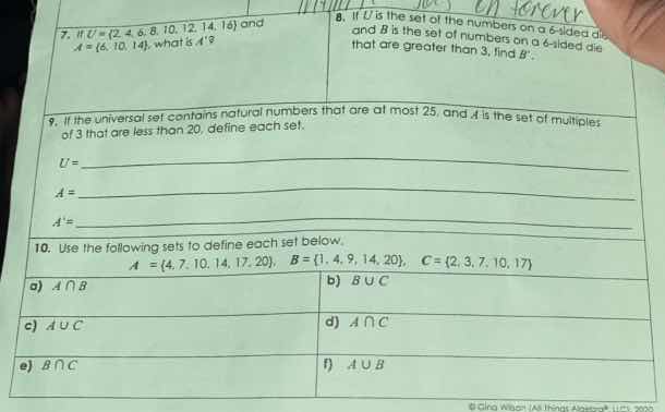 7. if ( u = {2, 4, 6, 8, 10, 12, 14} ) and ( a = {6, 10, 14} ), what is…