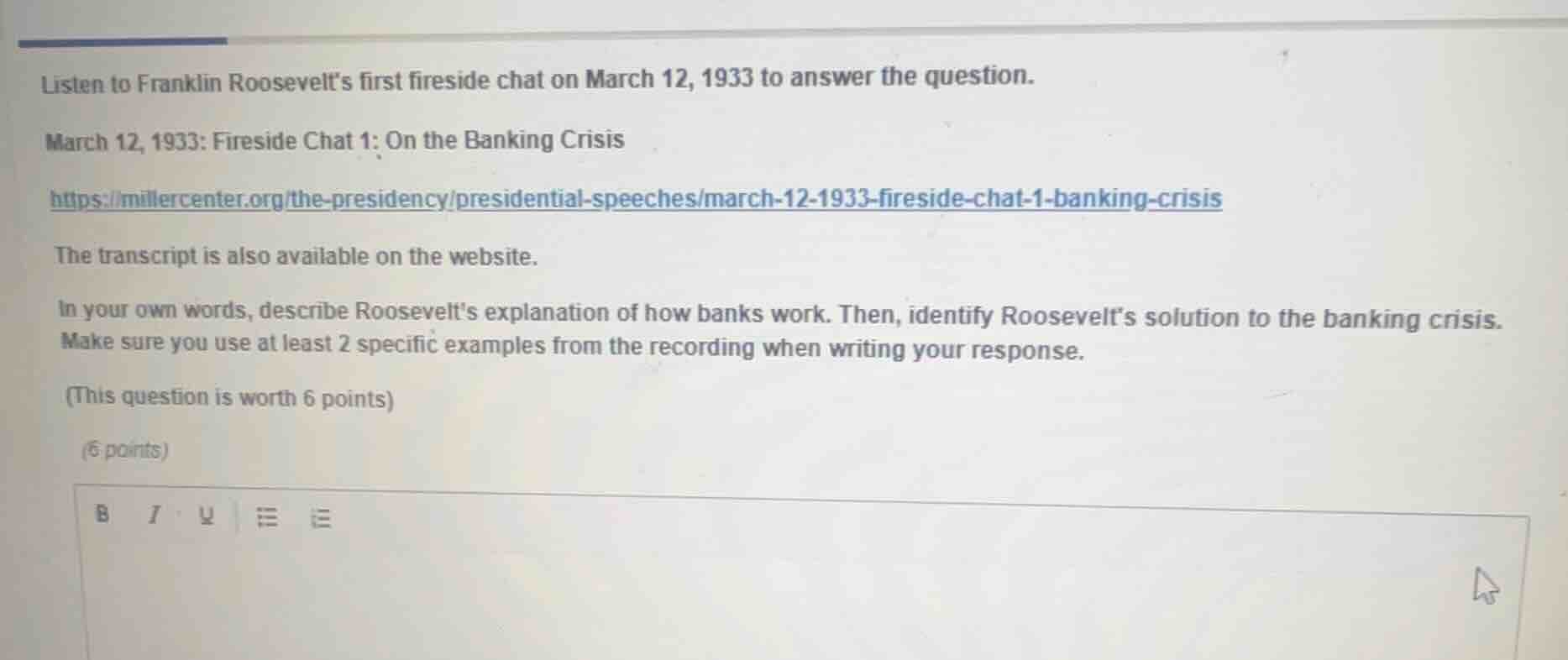 listen to franklin roosevelt’s first fireside chat on march 12, 1933 to…