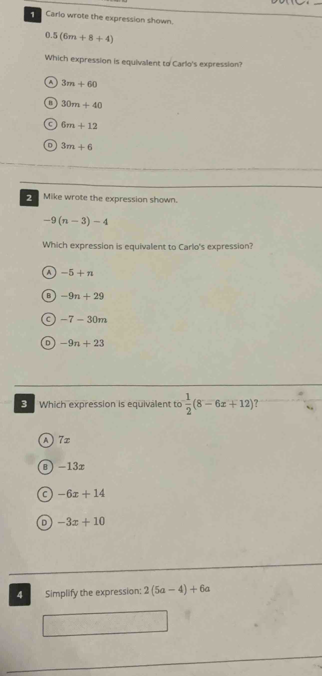 1 carlo wrote the expression shown. 0.5 (6m + 8 + 4) which expression i…