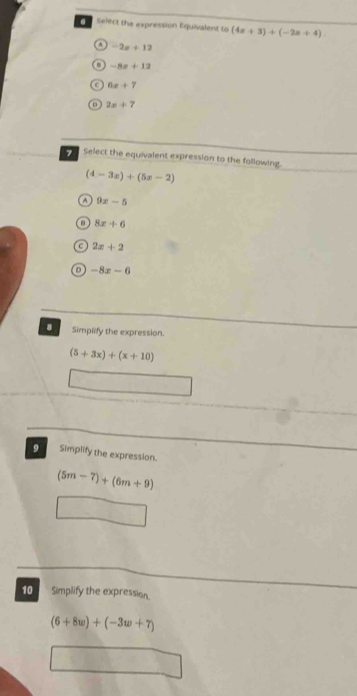 6 select the expression equivalent to $(4x + 3) + (-2x + 4)$. a $-2x + …