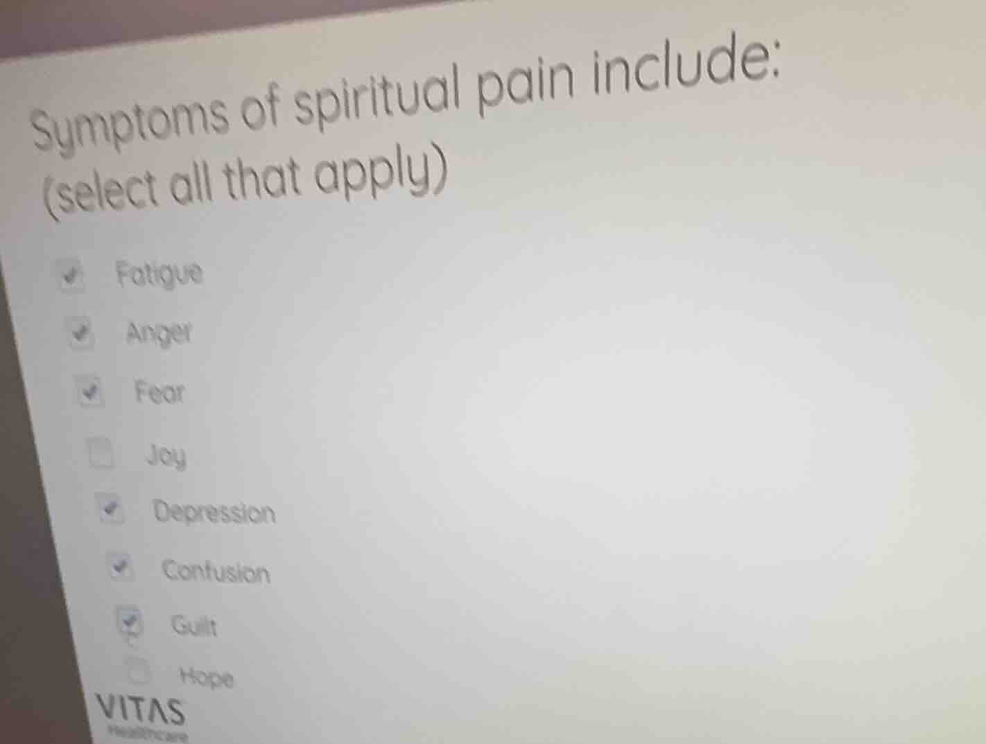 symptoms of spiritual pain include: (select all that apply) fatigue ang…