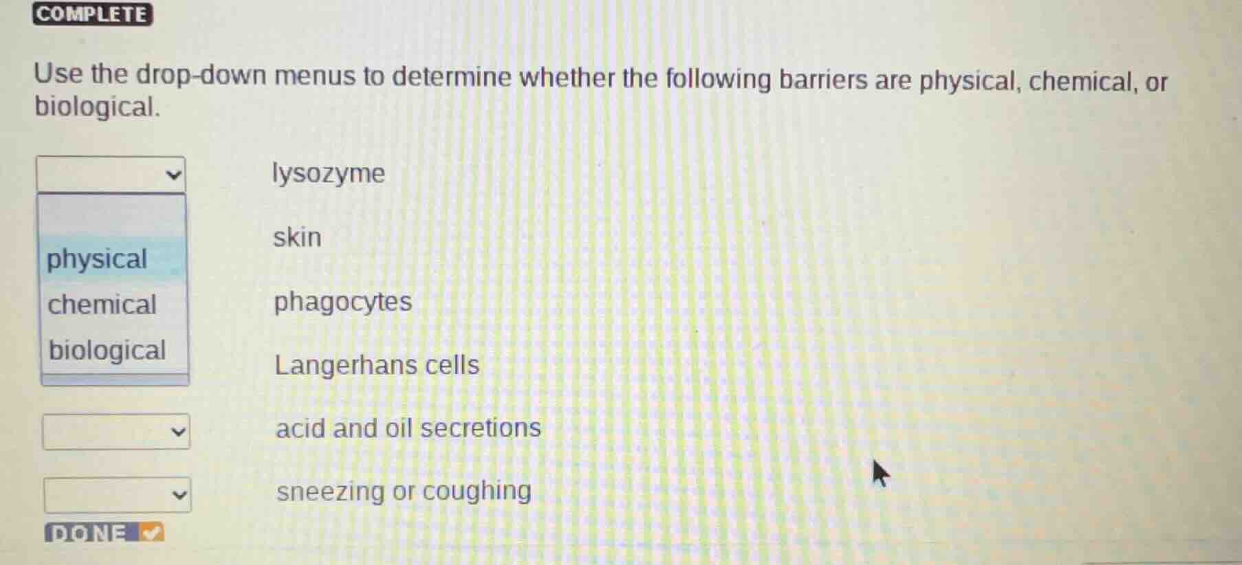 use the drop-down menus to determine whether the following barriers are…