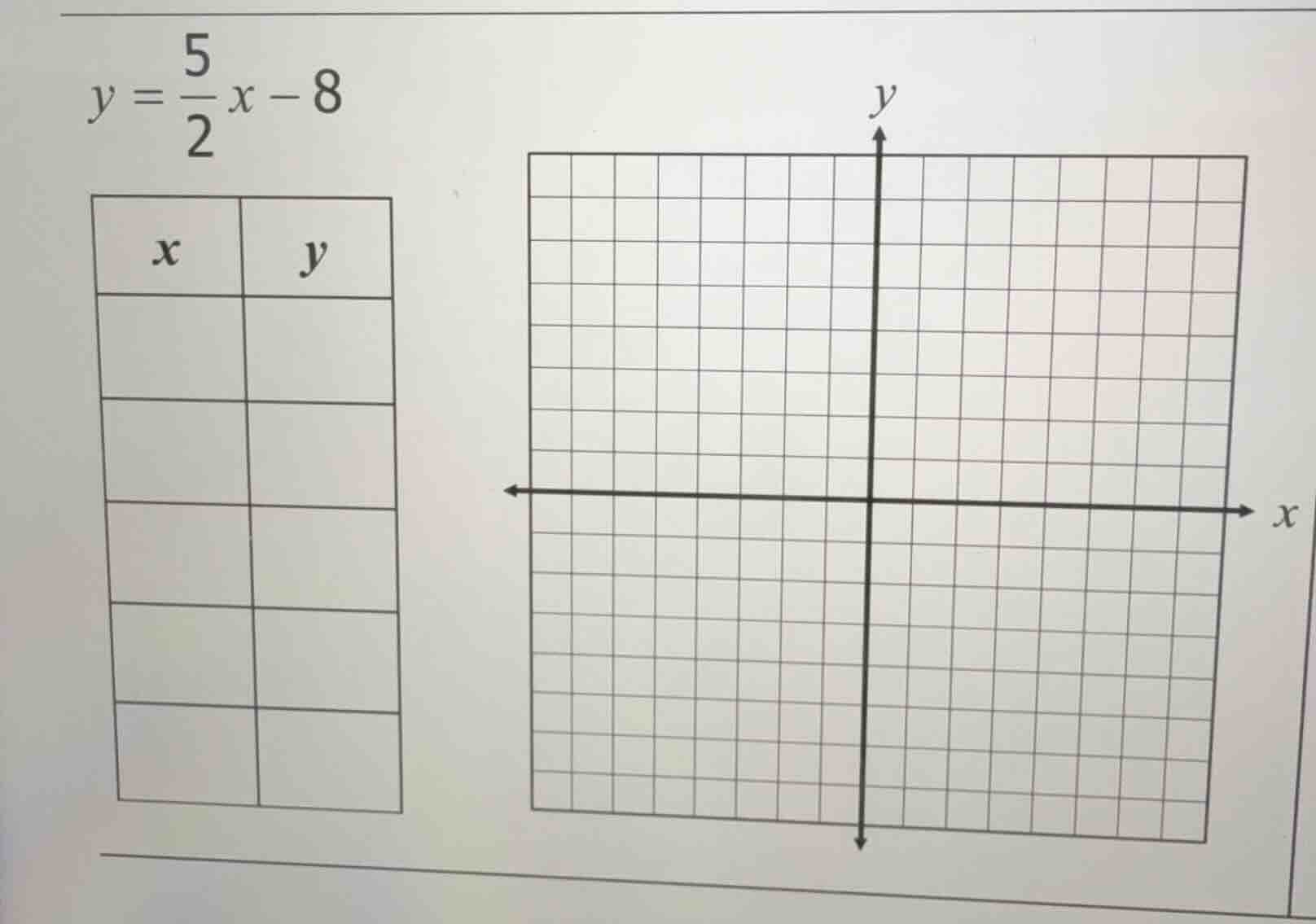 $y = \\frac{5}{2}x - 8$ there is a table with columns x and y (empty ce…