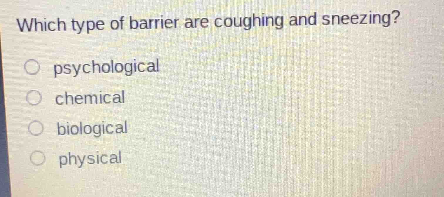 which type of barrier are coughing and sneezing? ○ psychological ○ chem…