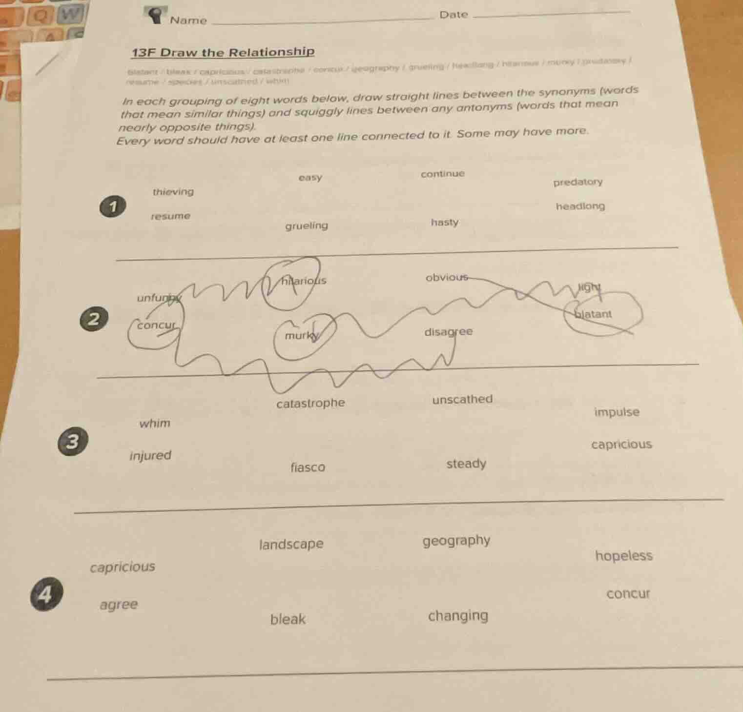 name date 13f draw the relationship in each grouping of eight words bel…