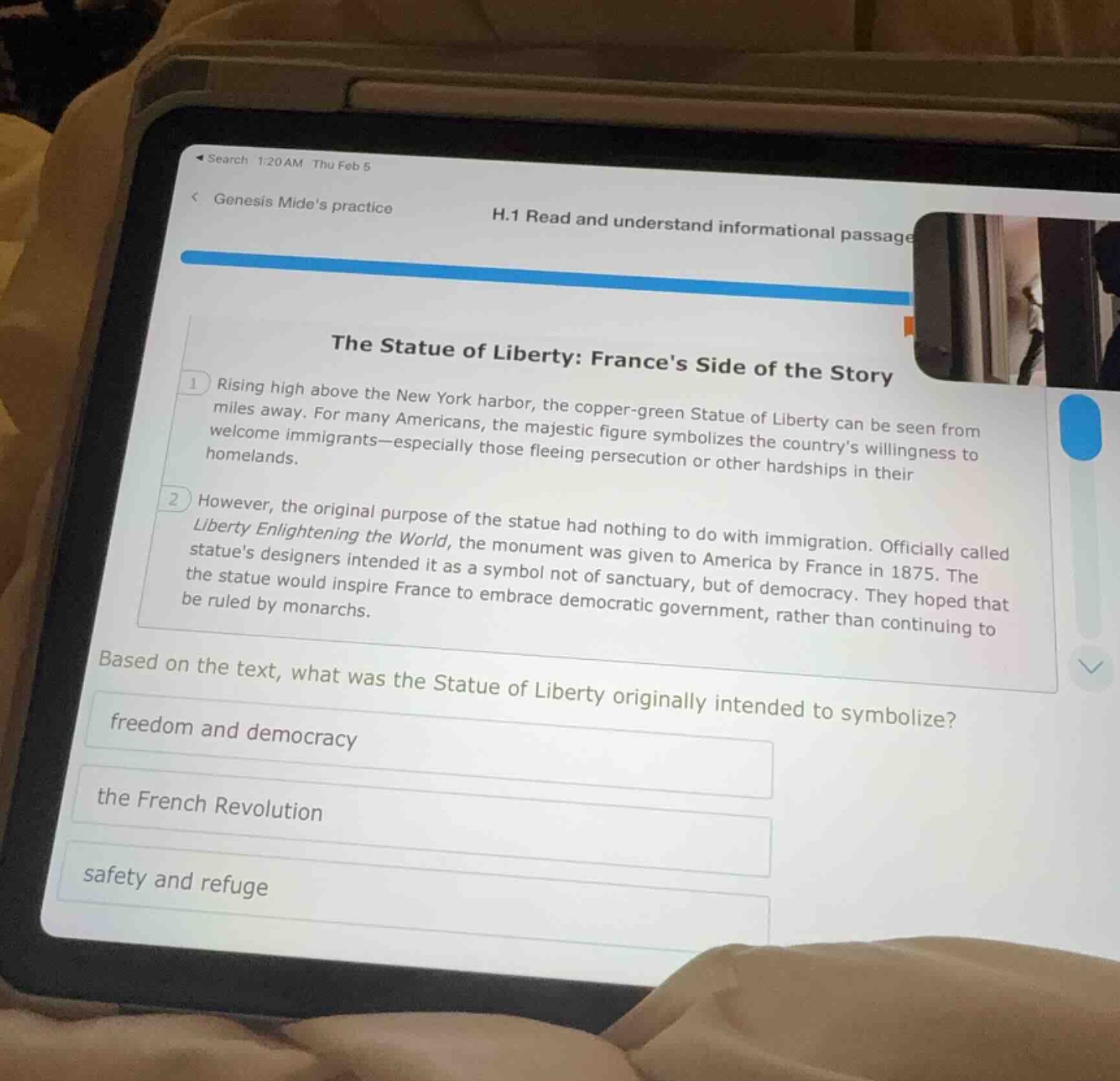 h.1 read and understand informational passage the statue of liberty: fr…