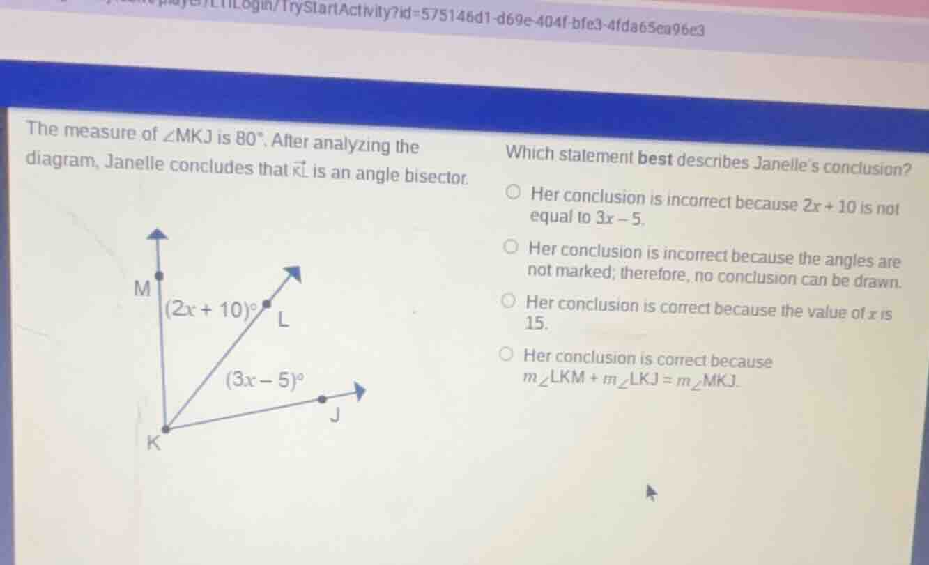 the measure of $\\angle mkj$ is $80^\\circ$. after analyzing the diagra…