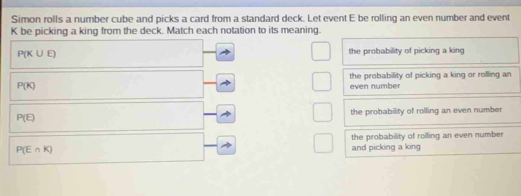 simon rolls a number cube and picks a card from a standard deck. let ev…
