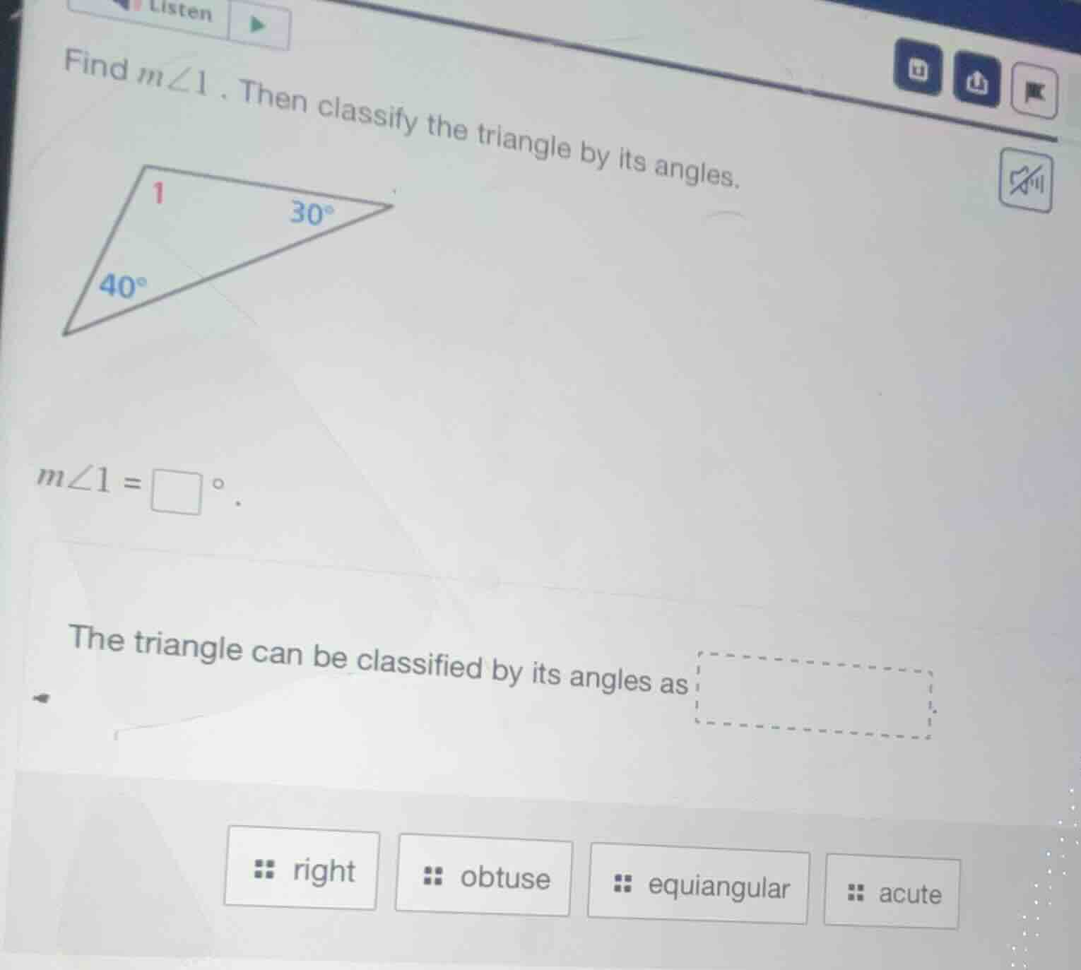 find ( mangle 1 ). then classify the triangle by its angles. ( mangle 1…