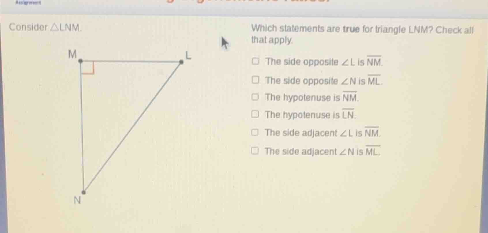 consider △lnm. which statements are true for triangle lnm? check all th…