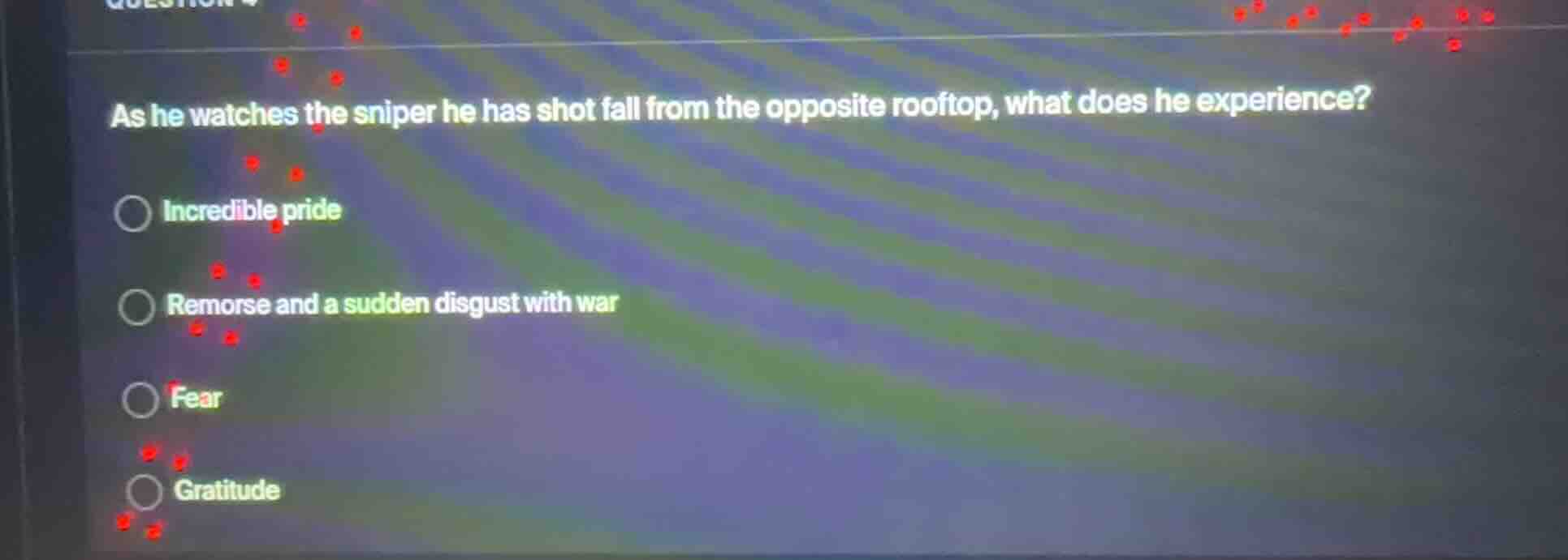 as he watches the sniper he has shot fall from the opposite rooftop, wh…