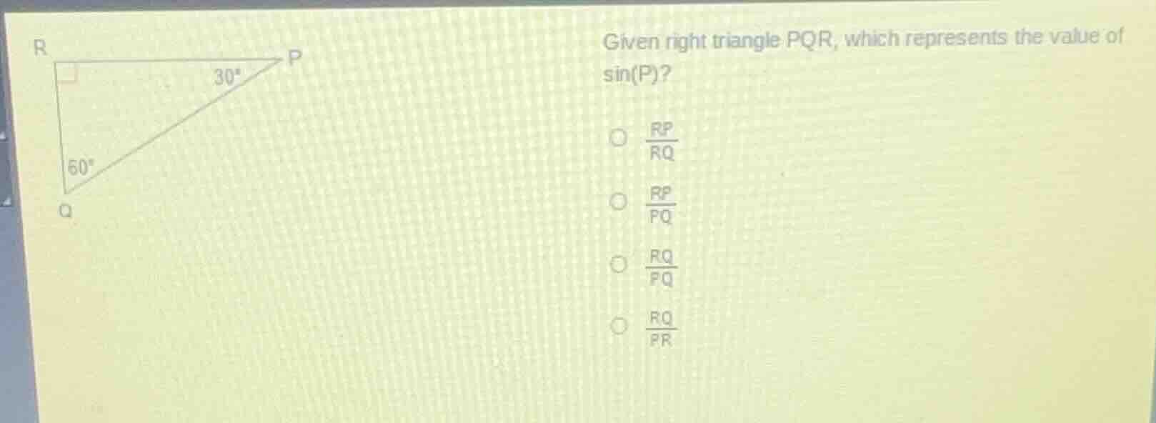 given right triangle pqr, which represents the value of sin(p)? \\(\\fr…