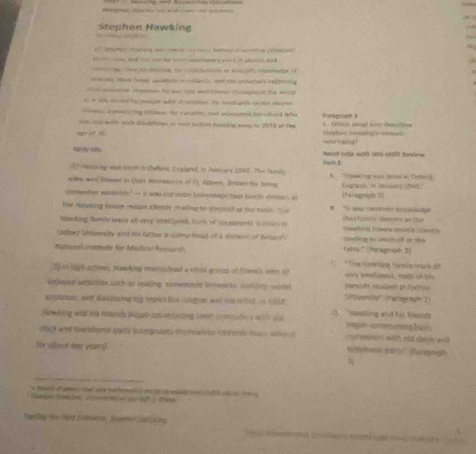 paragraph 2 1. which detail best describes stephen hawkings upbringing?…