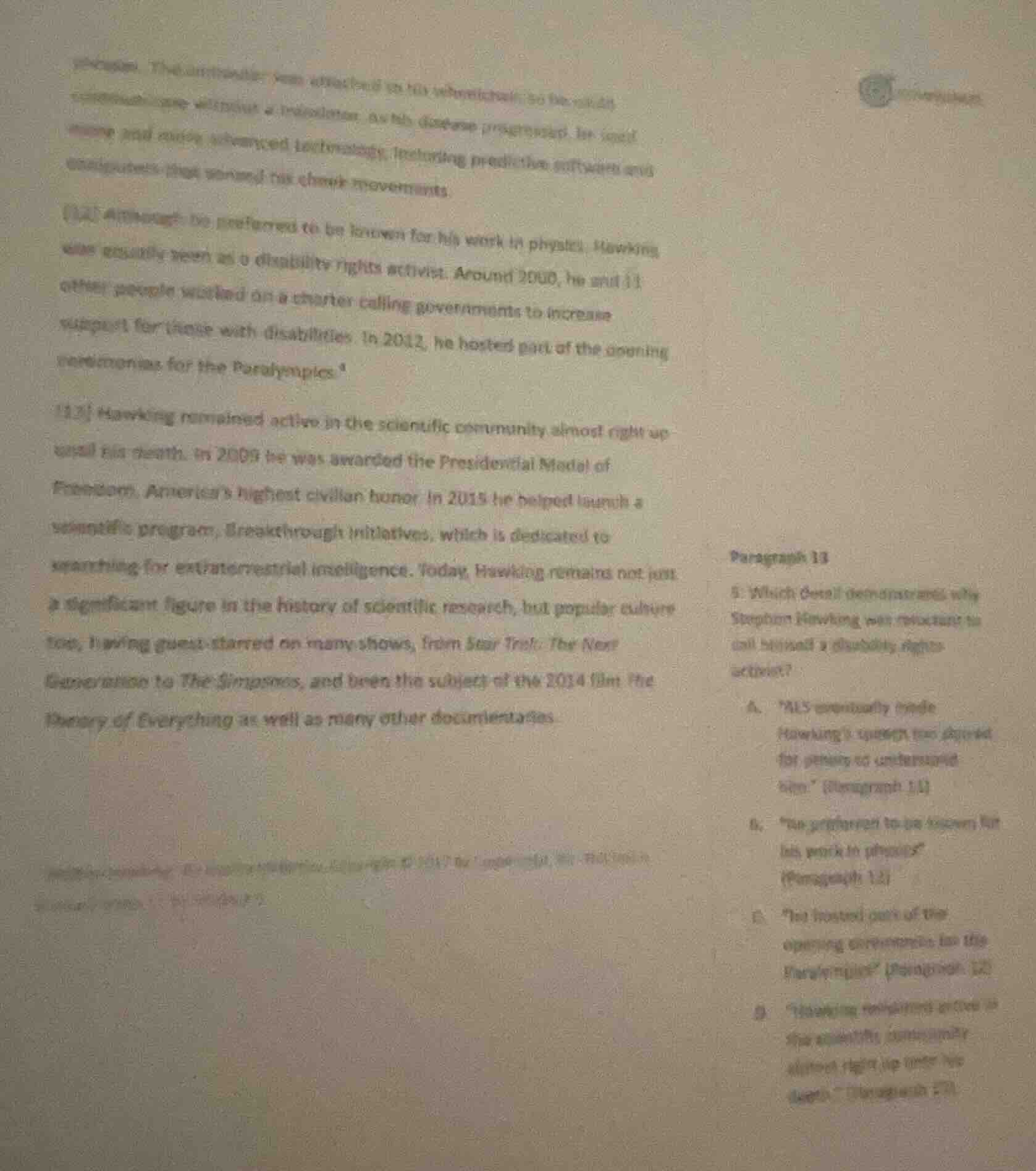 paragraph 13 5. which detail demonstrates why stephen hawking was respe…