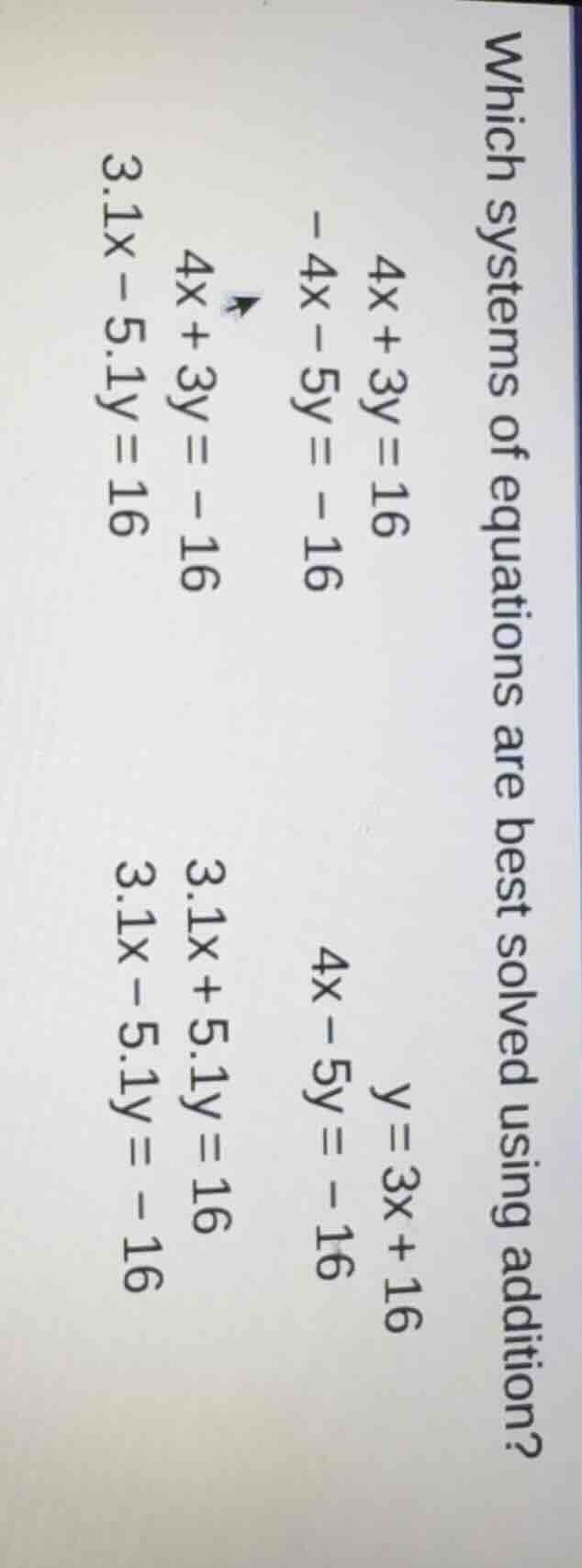 which systems of equations are best solved using addition? 4x + 3y = 16…