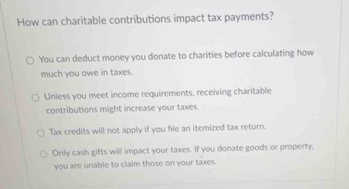 how can charitable contributions impact tax payments? you can deduct mo…
