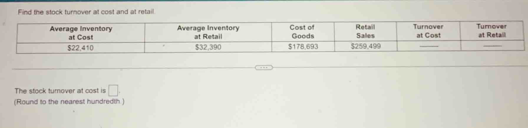 find the stock turnover at cost and at retail. average inventory at cos…