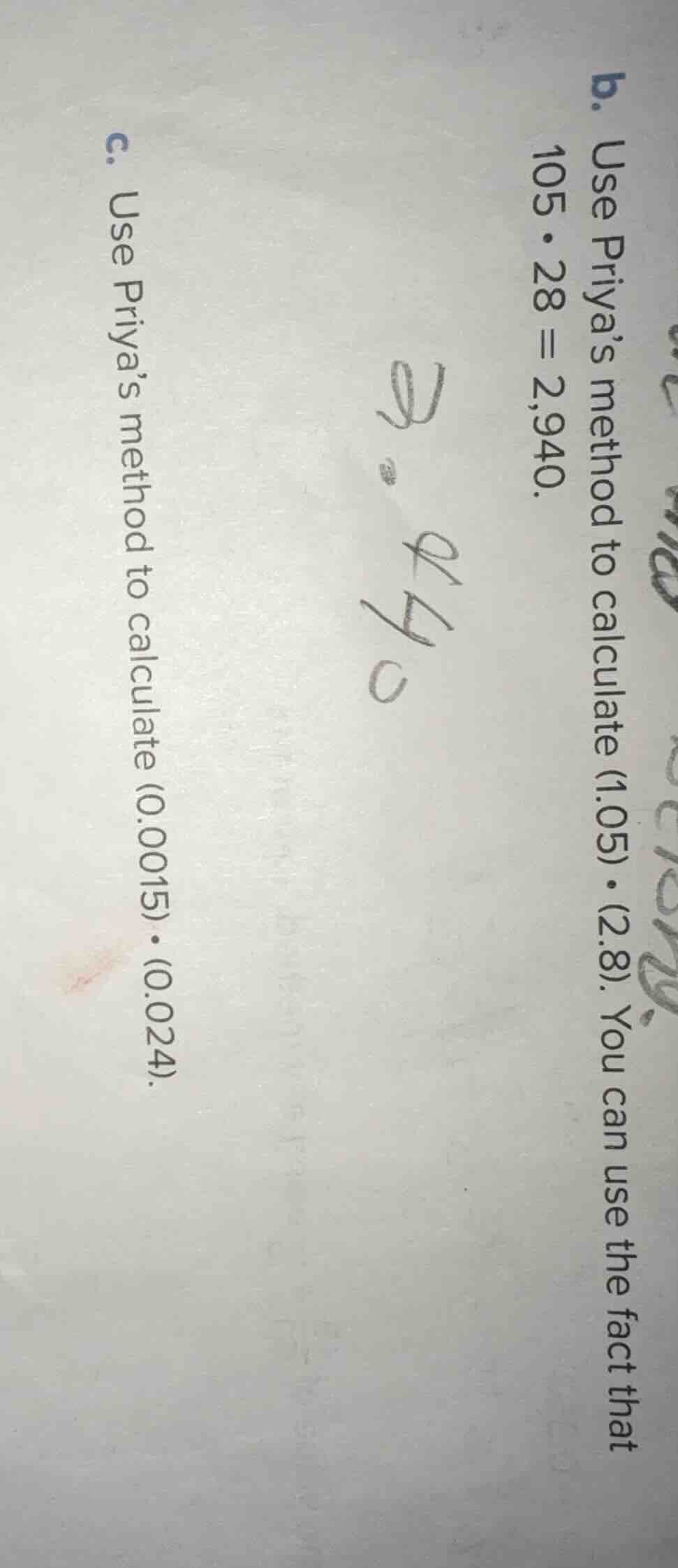 b. use priya’s method to calculate (1.05) • (2.8). you can use the fact…