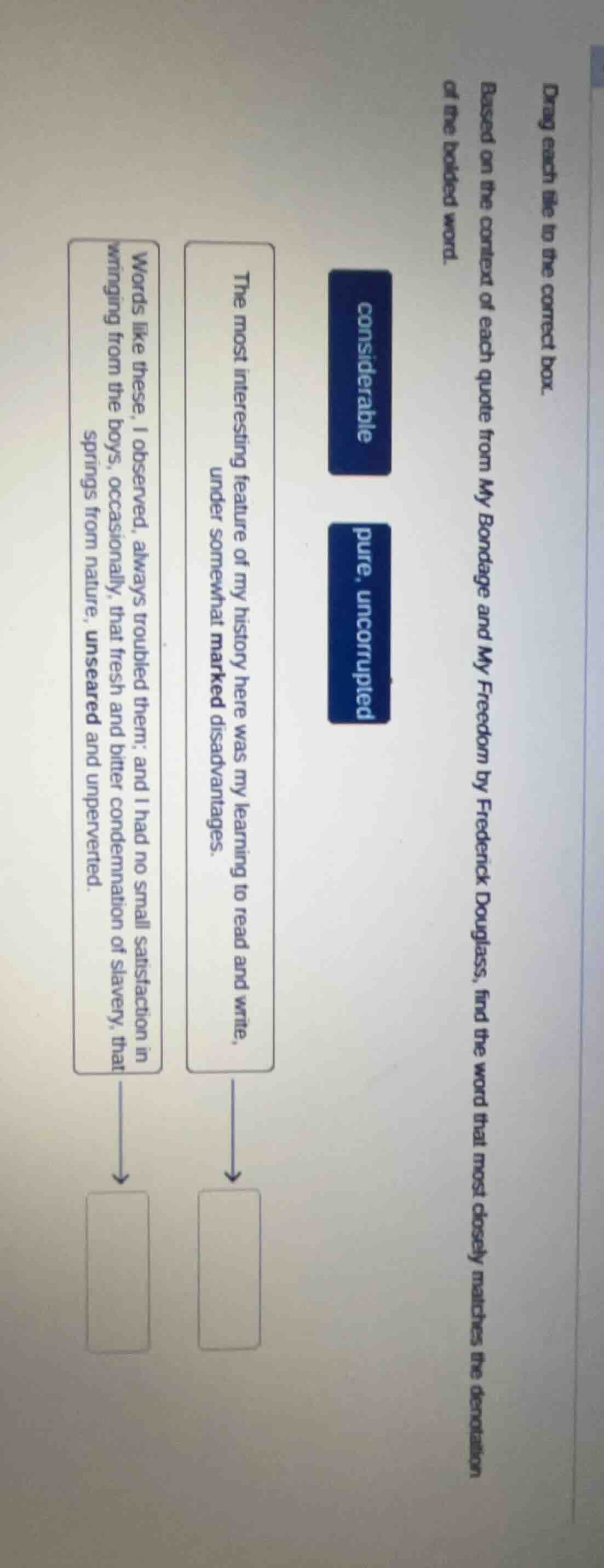 drag each tile to the correct box. based on the context of each quote f…