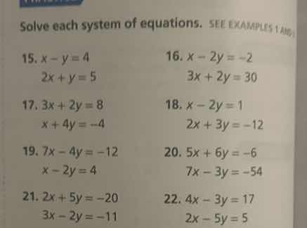 solve each system of equations. see examples 1 and\ 15. $x - y = 4$\ $2…