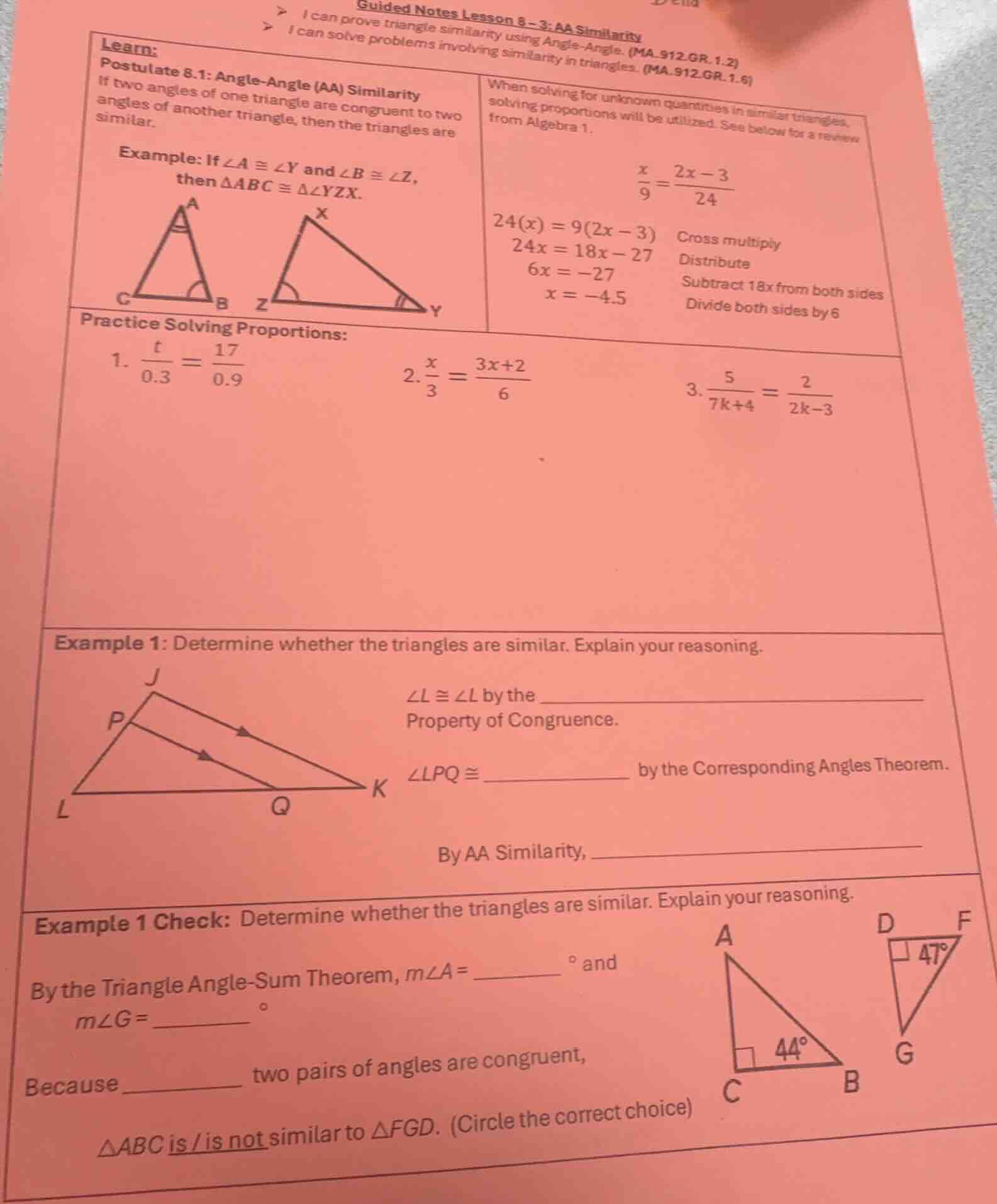 guided notes lesson 8 - 3: aa similarity > i can prove triangle similar…