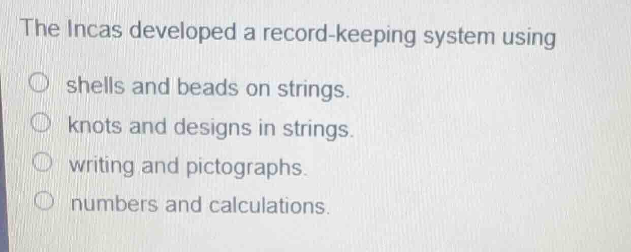 the incas developed a record - keeping system using shells and beads on…
