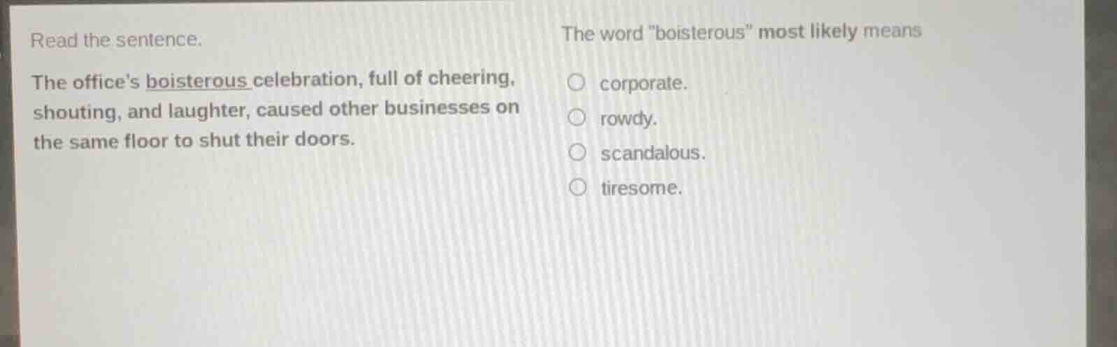 read the sentence. the office’s boisterous celebration, full of cheerin…