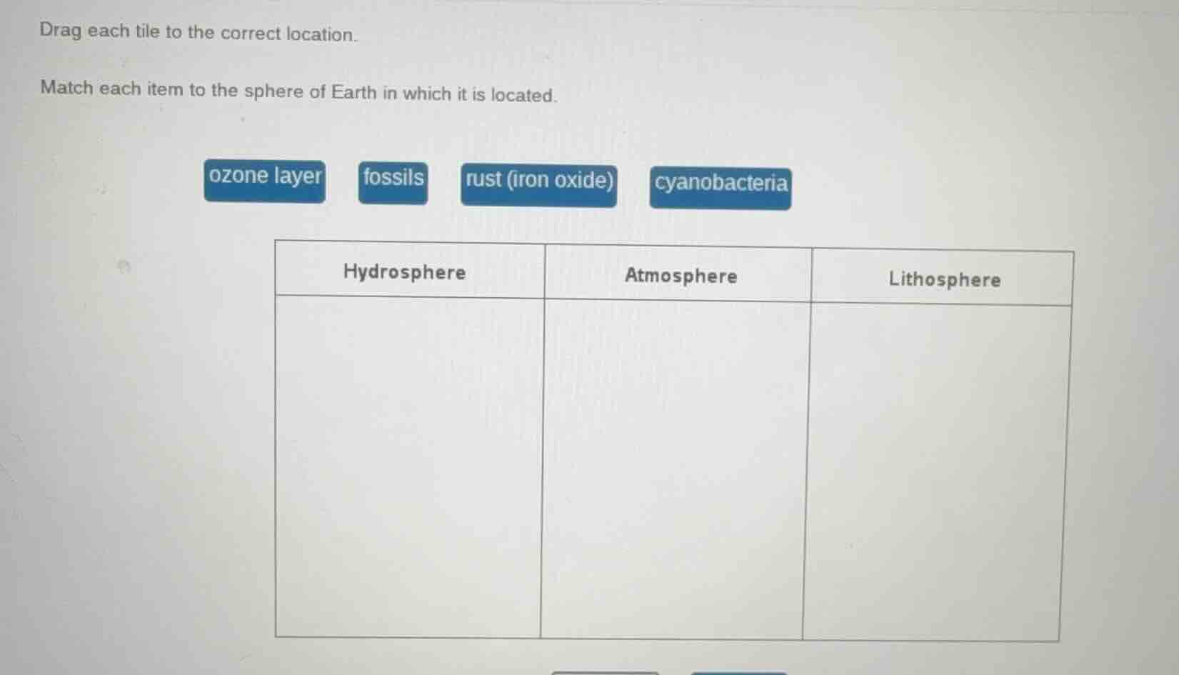 drag each tile to the correct location. match each item to the sphere o…