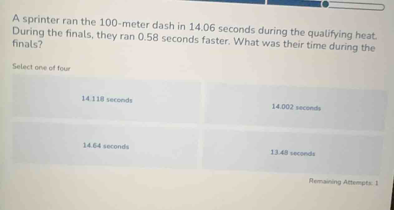 a sprinter ran the 100-meter dash in 14.06 seconds during the qualifyin…