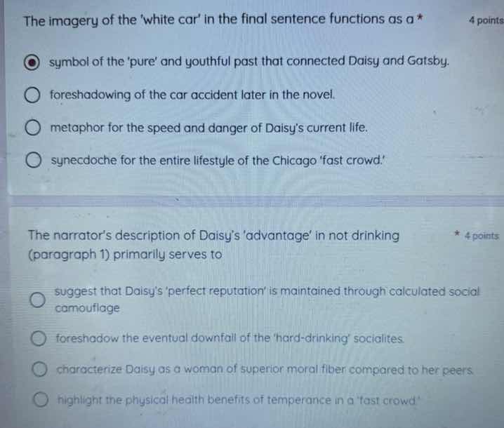 the imagery of the white car in the final sentence functions as a * sym…