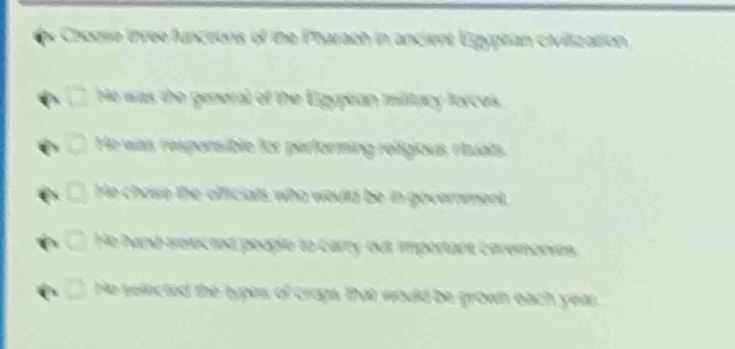 choose three functions of the pharaoh in ancient egyptian civilization.…