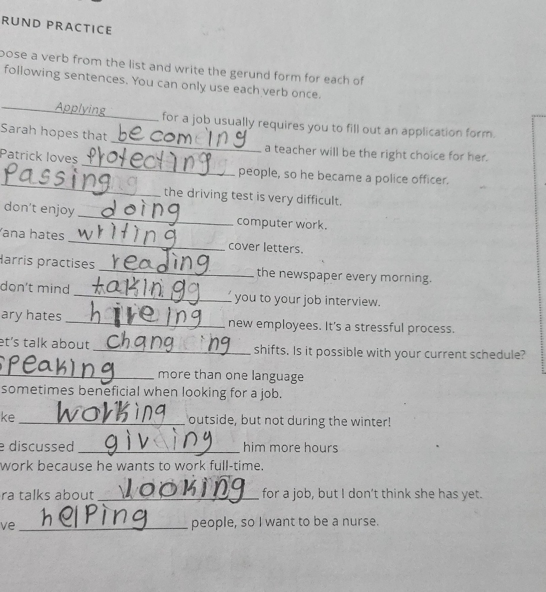 round practice pose a verb from the list and write the gerund form for …