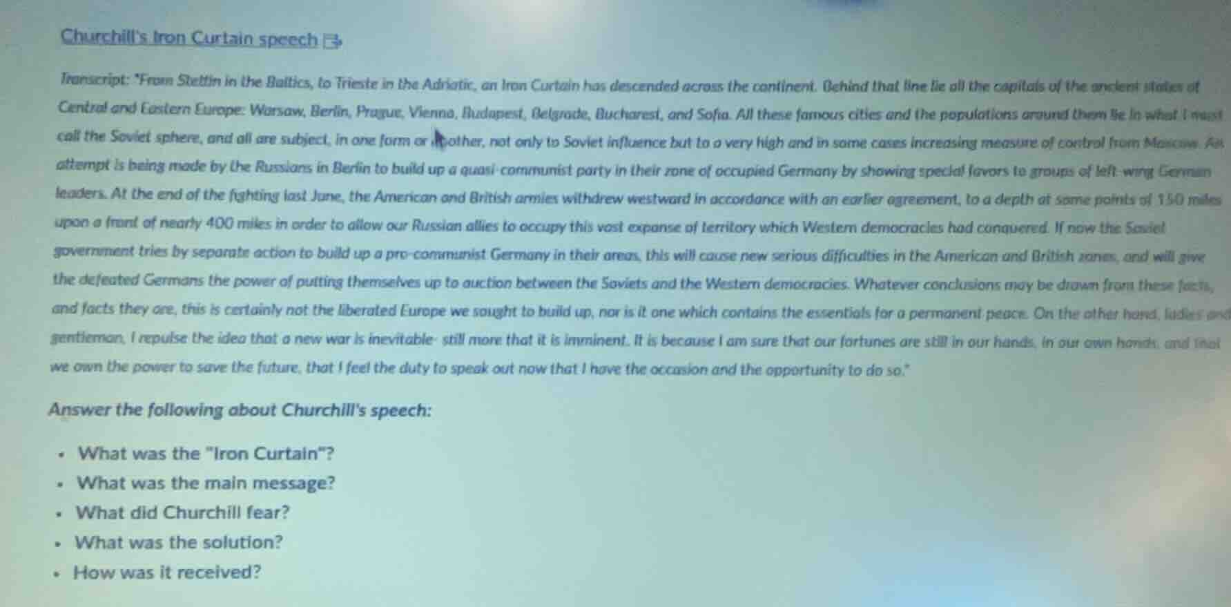 churchill’s iron curtain speech transcript: “from stettin in the baltic…