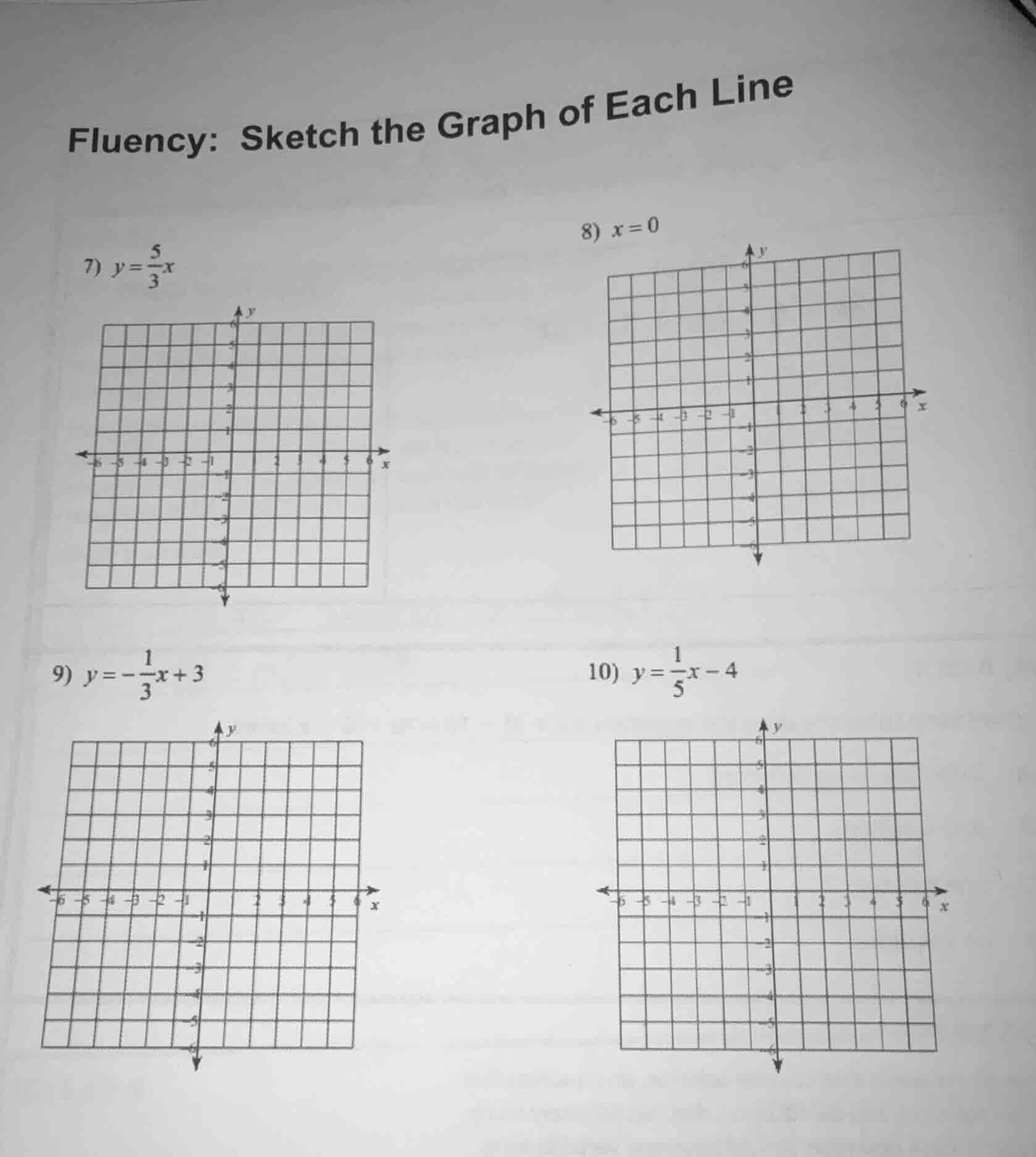 fluency: sketch the graph of each line 7) $y = \\frac{5}{3}x$ 8) $x = 0…