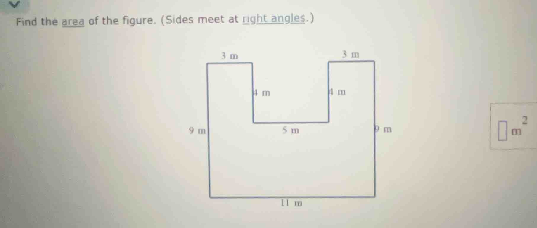 find the area of the figure. (sides meet at right angles.)