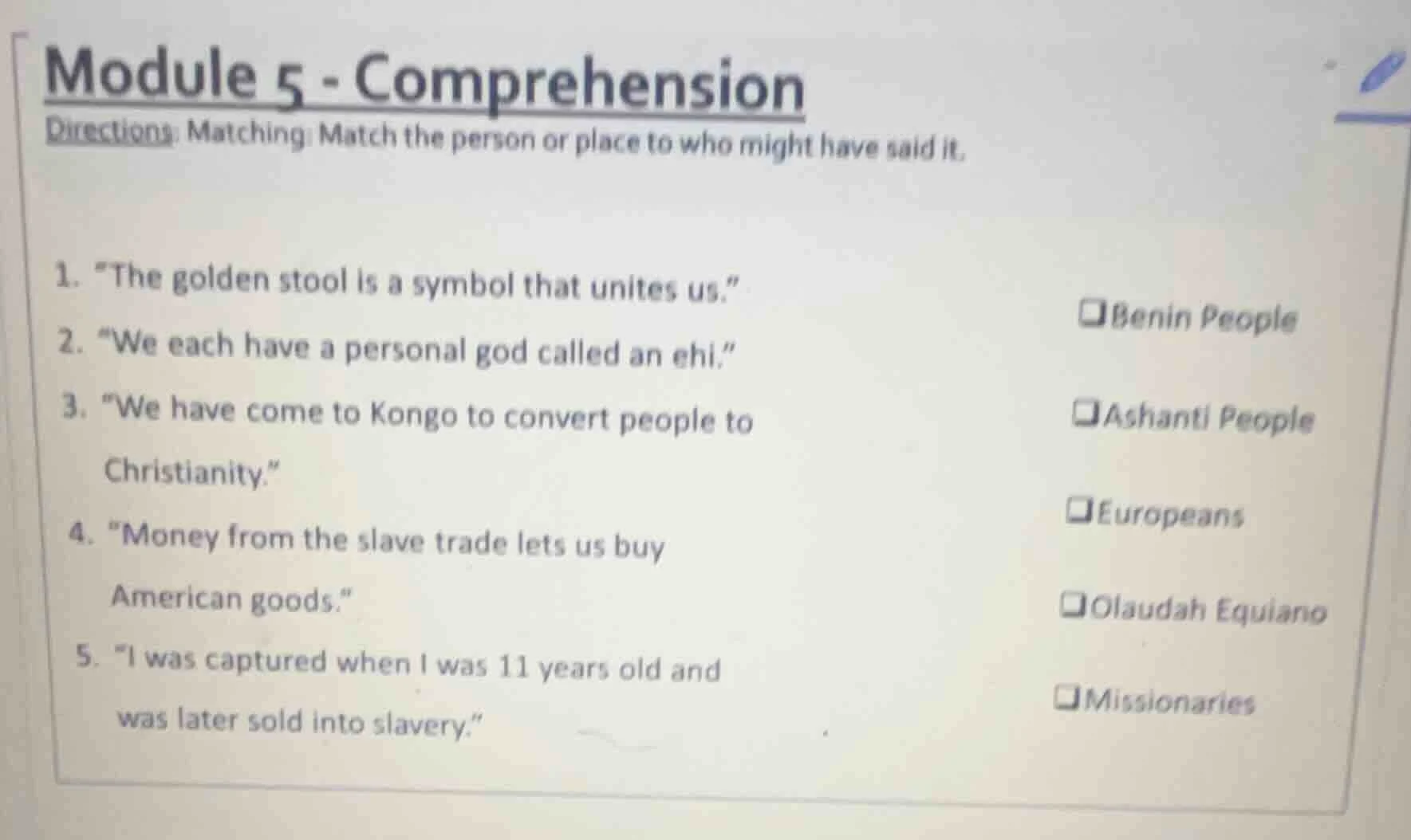 module 5 - comprehension directions: matching: match the person or plac…