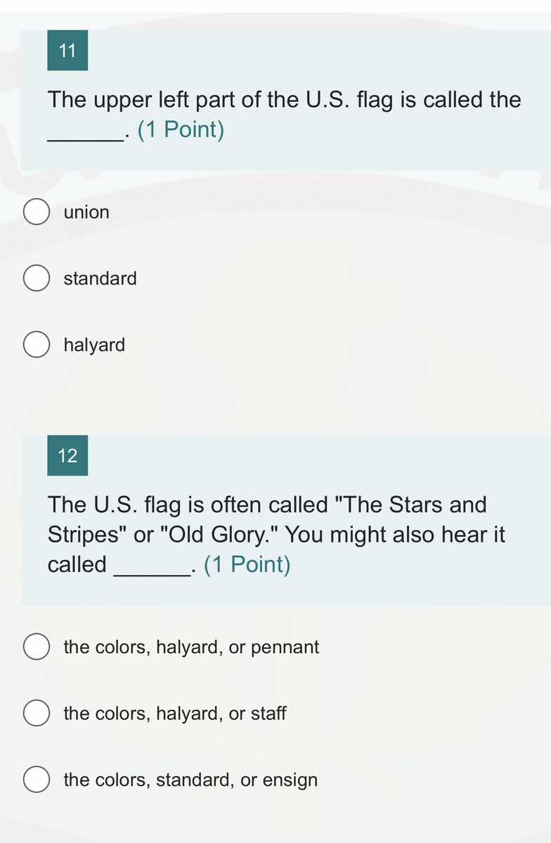 11 the upper left part of the u.s. flag is called the ______. (1 point)…