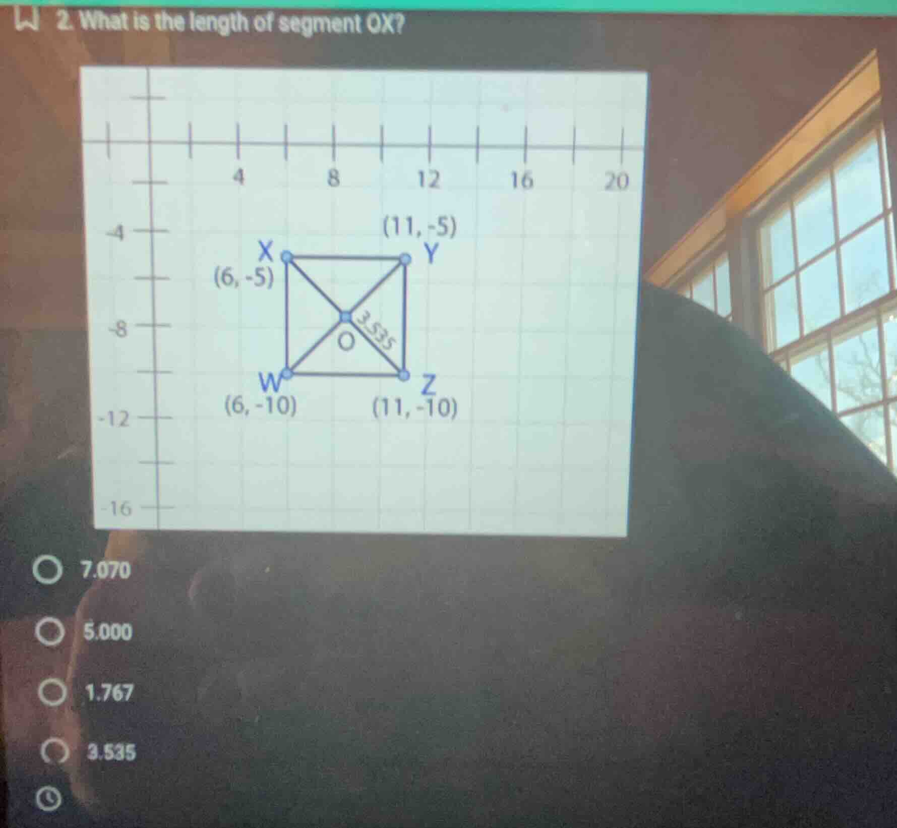 2 what is the length of segment ox? options: 7.070, 5.000, 1.767, 3.535