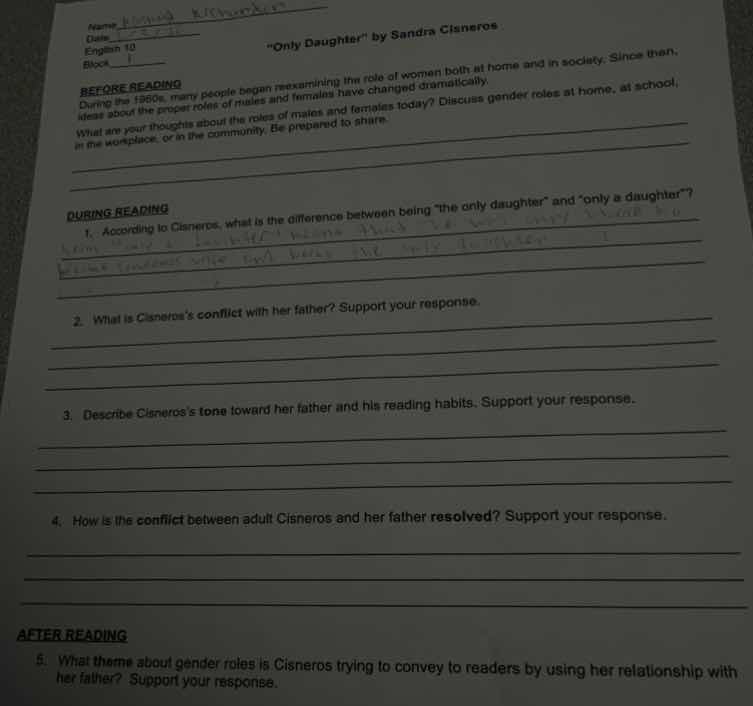 name date english 10 block 1 \only daughter\ by sandra cisneros before …