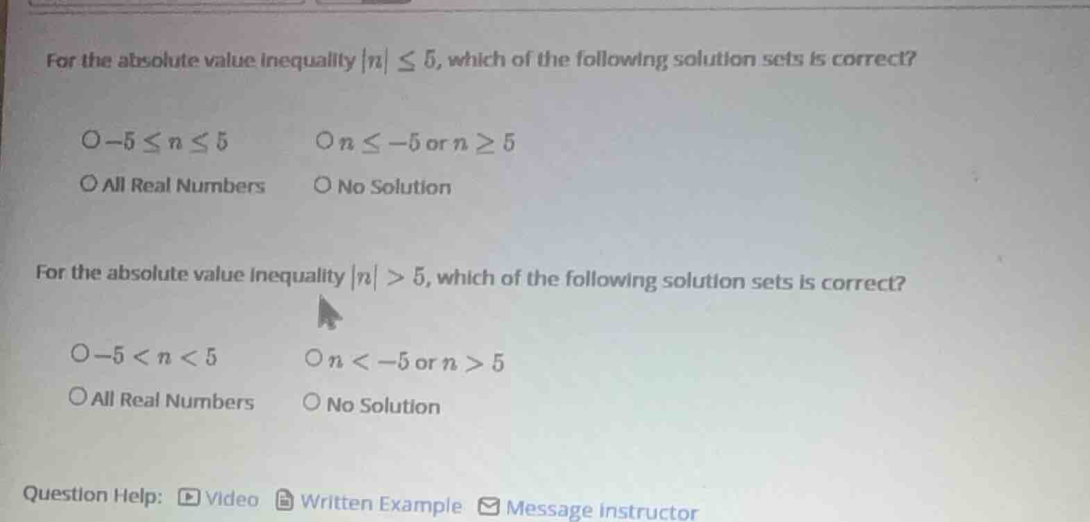 for the absolute value inequality |n| ≤ 5, which of the following solut…